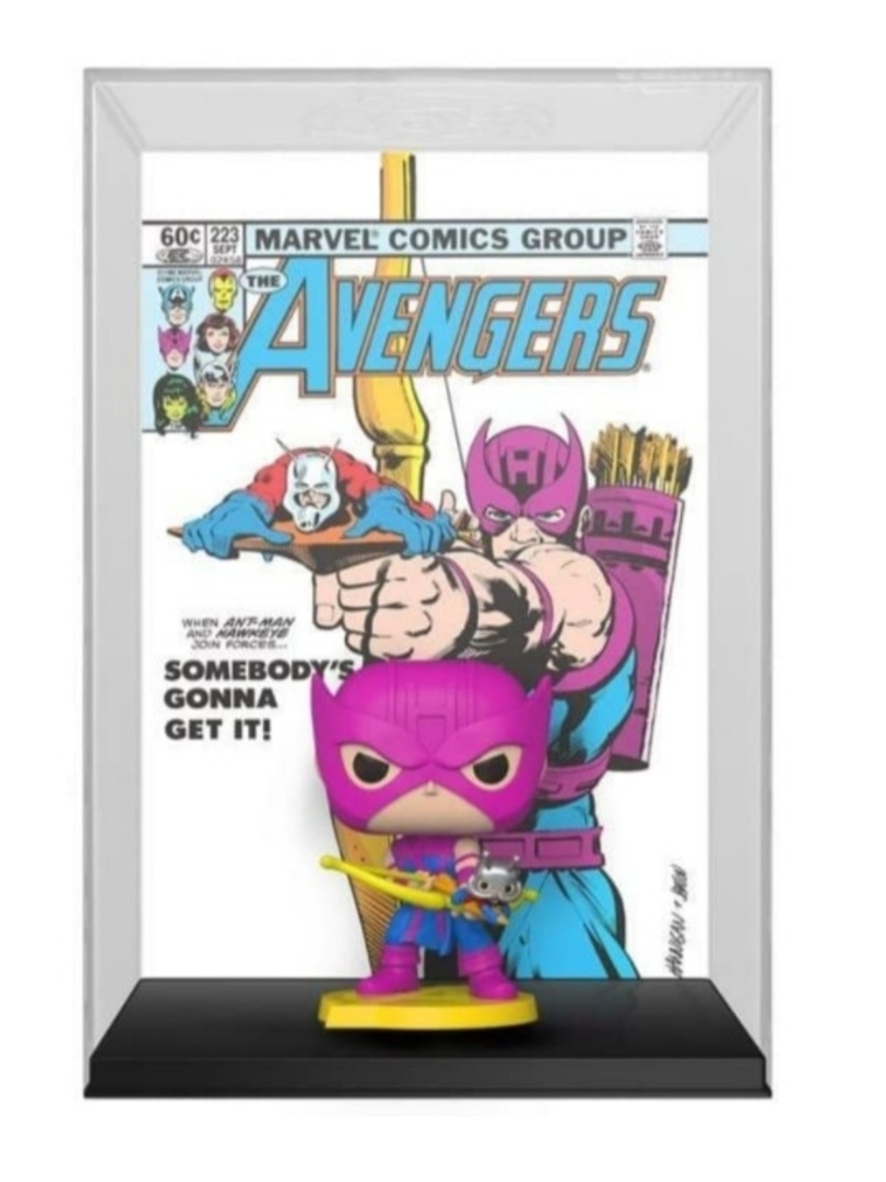 Funko Hawkeye Pop! Figure in Purple with Yellow Bow and Black Stand